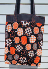 Load image into Gallery viewer, Large Market Tote with Pocket - Pumpkins on Black