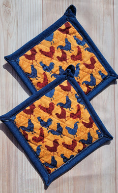 Pot Holders - Maroon and Blue Chickens