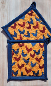 Pot Holders - Maroon and Blue Chickens
