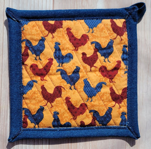 Pot Holders - Maroon and Blue Chickens