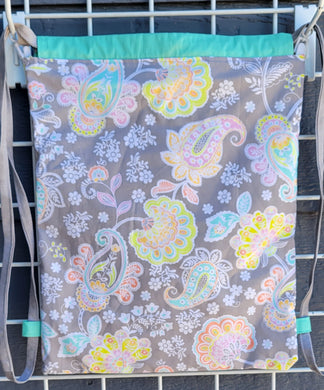 Cotton Drawstring Tote - Grey & Pastel Paisley