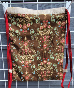 Large Cotton Drawstring Tote - Golden Floral on Brown