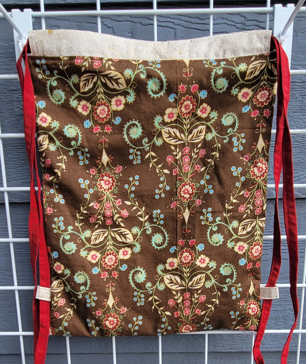 Large Cotton Drawstring Tote - Golden Floral on Brown