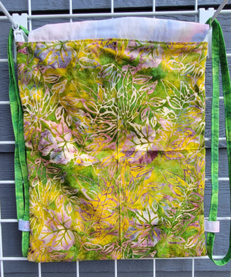Large Cotton Drawstring Tote - Yellow & Green Leaves Batik