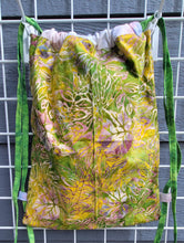 Load image into Gallery viewer, Large Cotton Drawstring Tote - Yellow &amp; Green Leaves Batik
