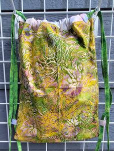 Large Cotton Drawstring Tote - Yellow & Green Leaves Batik