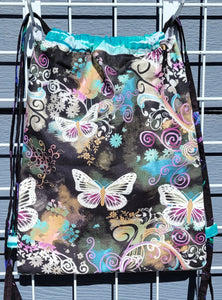Cotton Drawstring Tote - Filigree Butterflies II