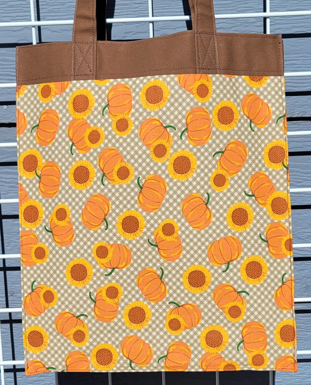 Large Market Tote with Pocket - Sunflowers on Grey Plaid