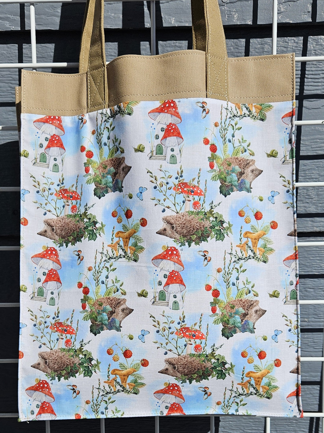 Large Market Tote with Pocket - Mushrooms and Hedgehogs