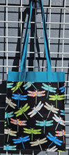 Load image into Gallery viewer, Large Market Tote with Pocket - Dragonflies on Black