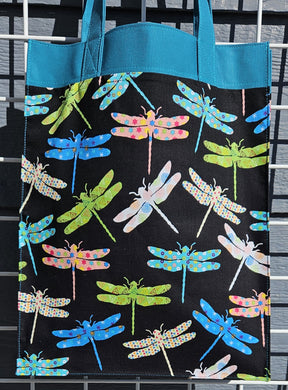Large Market Tote with Pocket - Dragonflies on Black