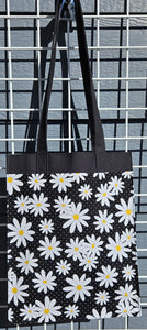 Large Market Tote with Pocket - Daisies on Black