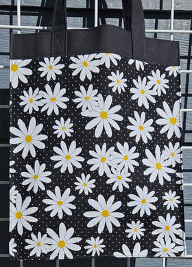 Large Market Tote with Pocket - Daisies on Black