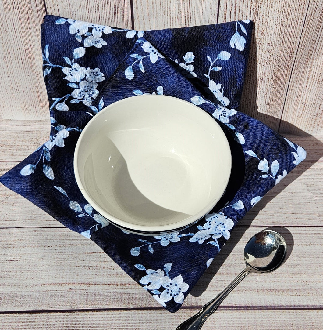 Bowl Cozies - White Flowers on Blue