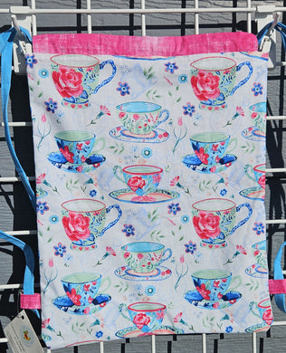 Cotton Drawstring Tote - Tea Cups