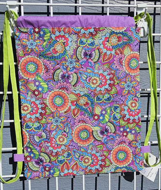 Cotton Drawstring Tote - Bright Floral Doodles