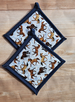 Pot Holders - Horses on Blue