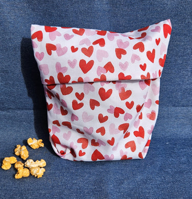 Reusable Popcorn Bag - Pink and Red Hearts