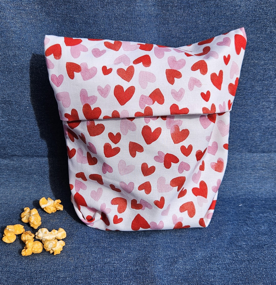 Reusable Popcorn Bag - Pink and Red Hearts