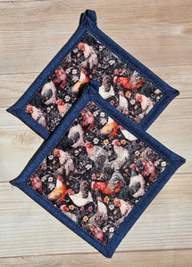 Pot Holders - Chickens on Grey