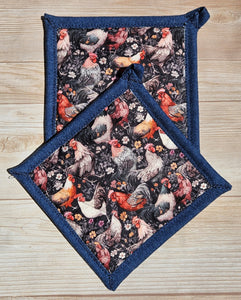 Pot Holders - Chickens on Grey