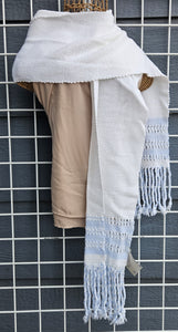 Handwoven Scarf - White with Blue Trim