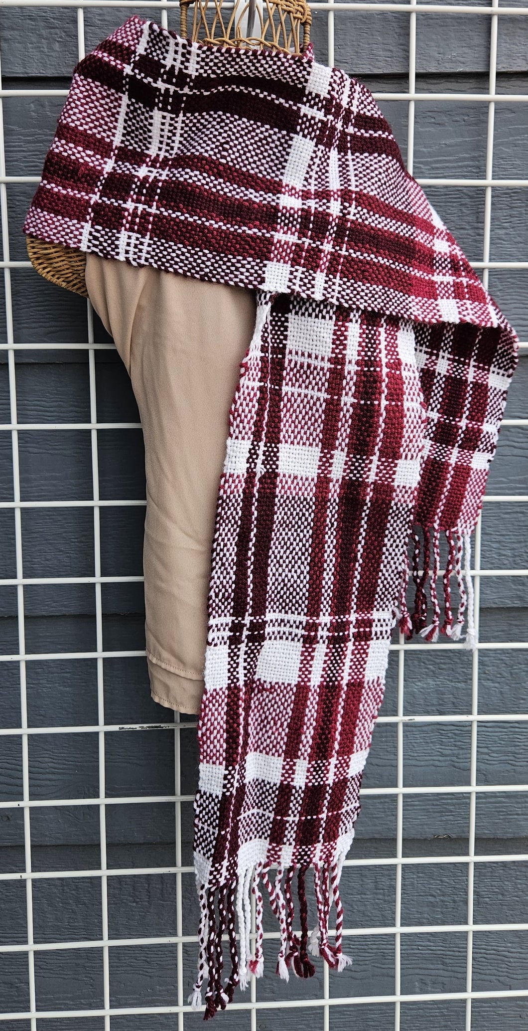 Handwoven Scarf - Maroon and White Plaid