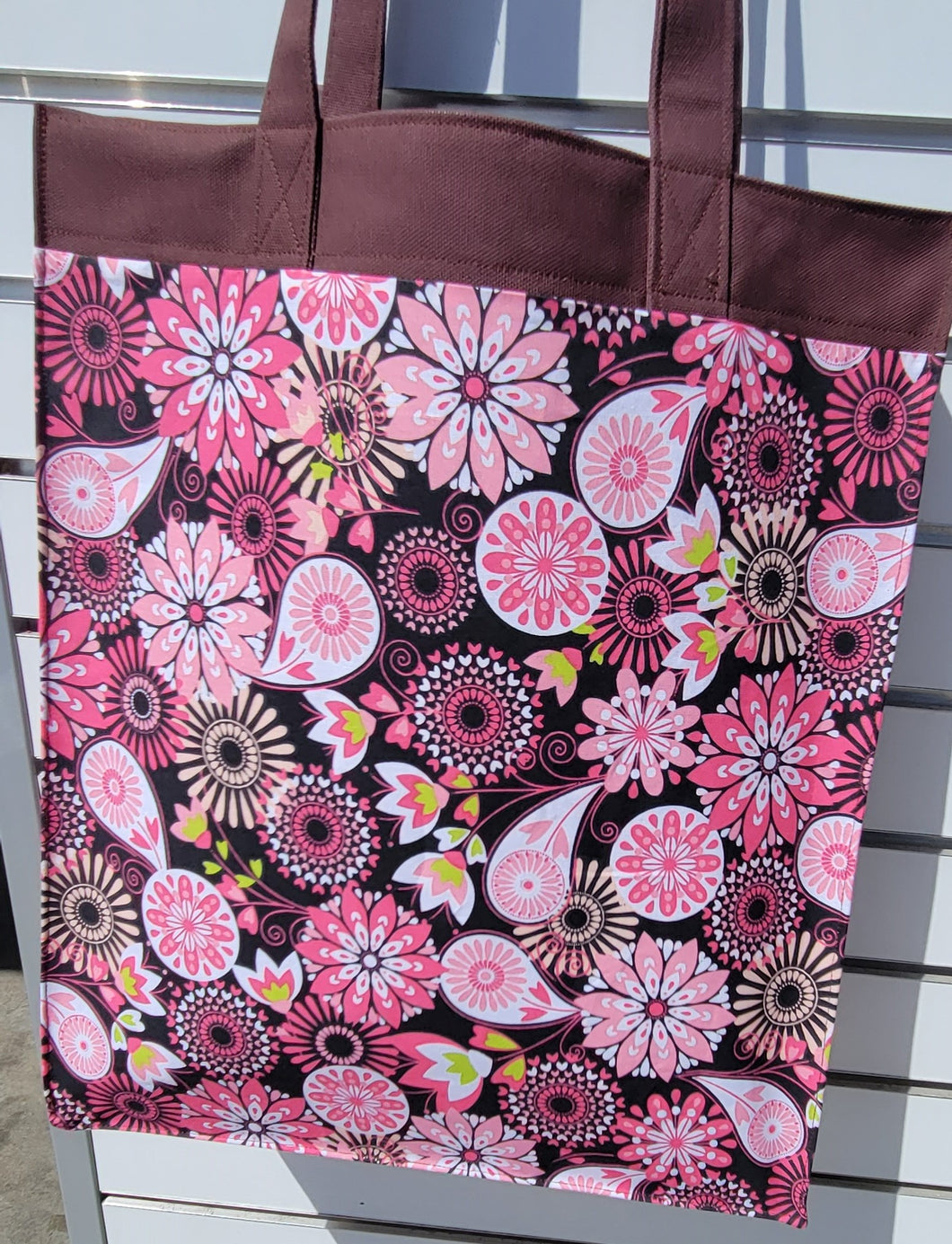 Large Market Tote with Pocket - Pink and Brown Floral