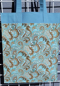 Large Market Tote with Pocket - Blue and Brown Paisley