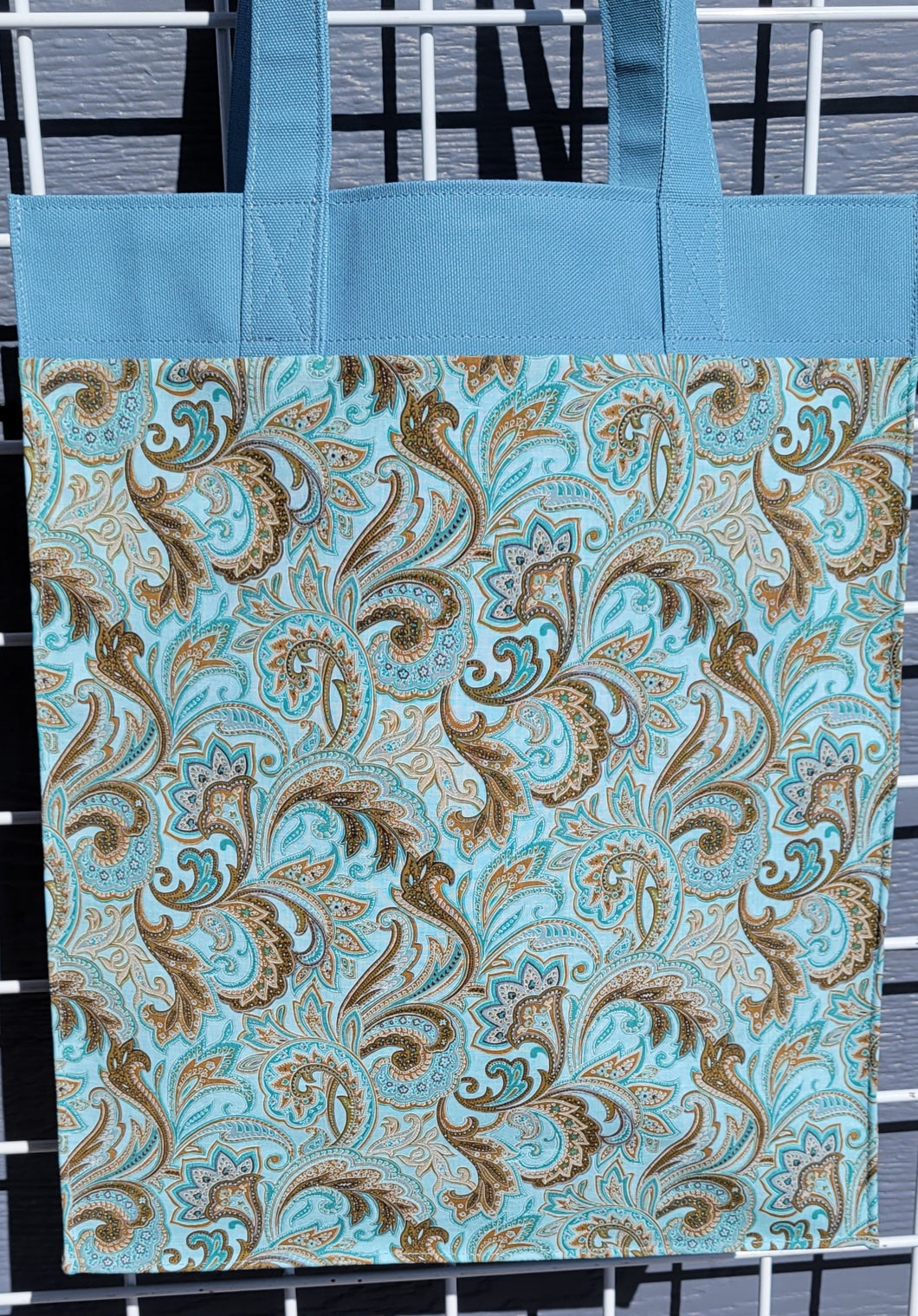 Large Market Tote with Pocket - Blue and Brown Paisley