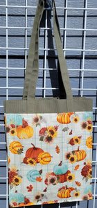 Large Market Tote with Pocket - Pumpkins on Turquoise Plaid