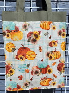 Large Market Tote with Pocket - Pumpkins on Turquoise Plaid