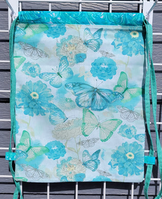 Cotton Drawstring Tote - Turquoise Butterflies