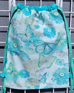 Cotton Drawstring Tote - Turquoise Butterflies