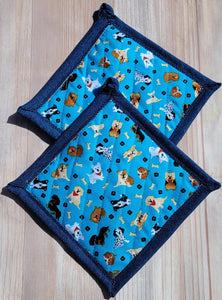 Pot Holders - Dogs on Blue