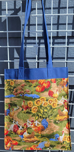 Large Market Tote with Pocket - Blue Chickens and Sunflowers