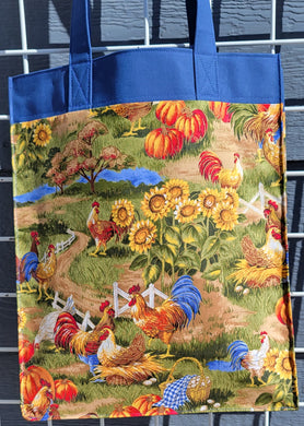 Large Market Tote with Pocket - Blue Chickens and Sunflowers