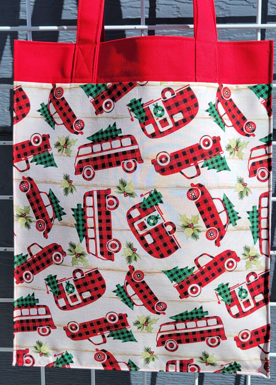 Large Market Tote with Pocket - Plaid Christmas Cars