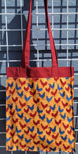 Load image into Gallery viewer, Large Market Tote with Pocket - Maroon and Blue Chickens