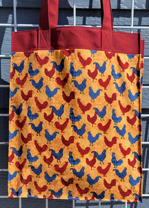 Large Market Tote with Pocket - Maroon and Blue Chickens